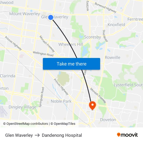 Glen Waverley to Dandenong Hospital map