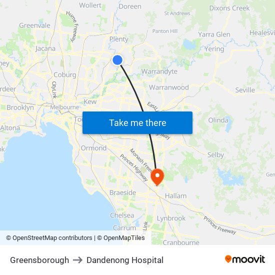 Greensborough to Dandenong Hospital map