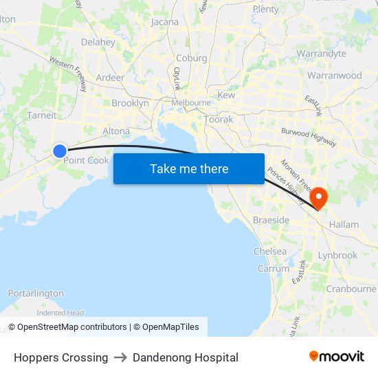 Hoppers Crossing to Dandenong Hospital map