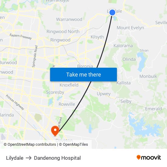 Lilydale to Dandenong Hospital map