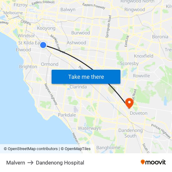 Malvern to Dandenong Hospital map