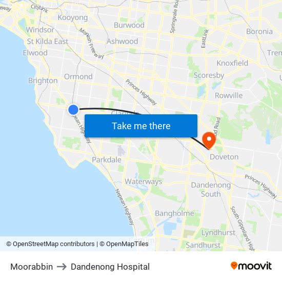 Moorabbin to Dandenong Hospital map