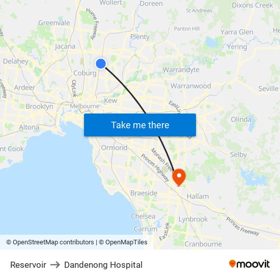 Reservoir to Dandenong Hospital map