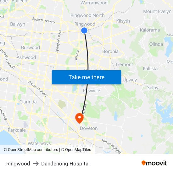 Ringwood to Dandenong Hospital map