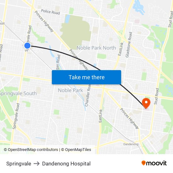 Springvale to Dandenong Hospital map