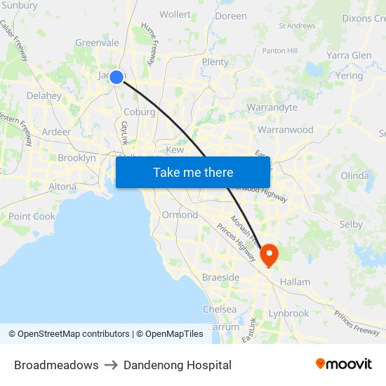 Broadmeadows to Dandenong Hospital map