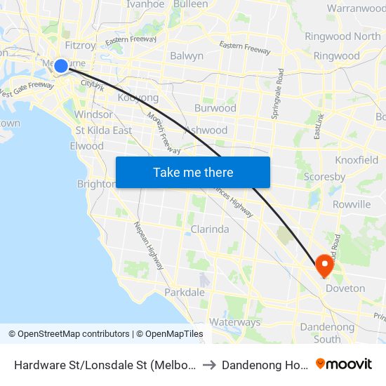 Hardware St/Lonsdale St (Melbourne City) to Dandenong Hospital map