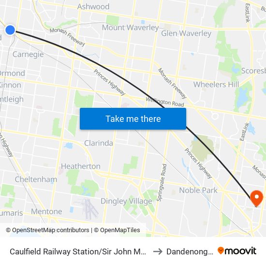 Caulfield Railway Station/Sir John Monash Dr (Caulfield East) to Dandenong Hospital map