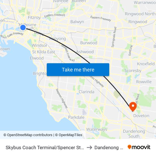 Skybus Coach Terminal/Spencer St (Melbourne City) to Dandenong Hospital map