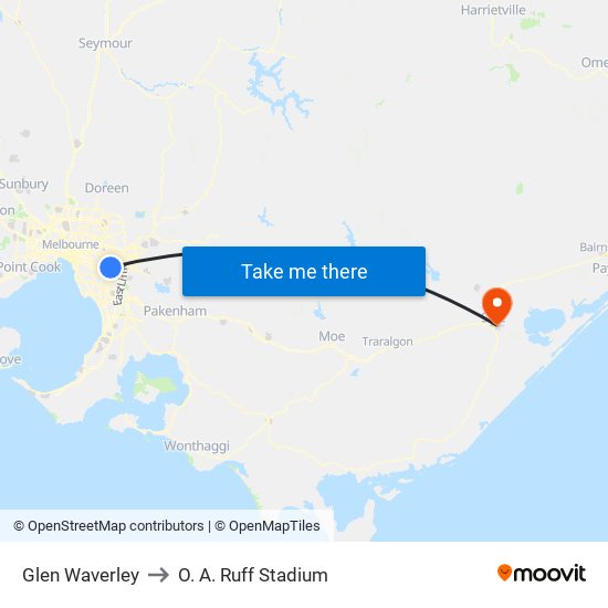 Glen Waverley to O. A. Ruff Stadium map