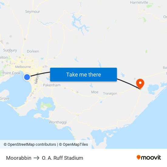 Moorabbin to O. A. Ruff Stadium map