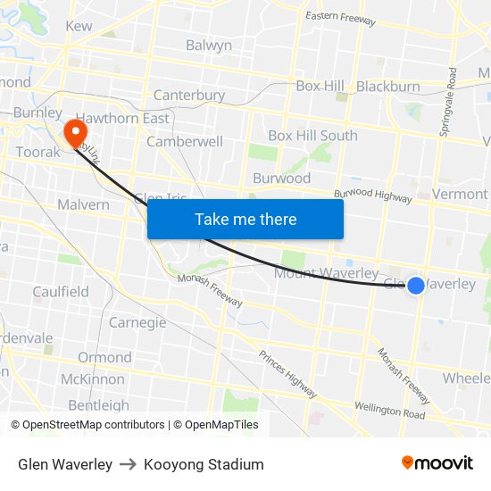 Glen Waverley to Kooyong Stadium map