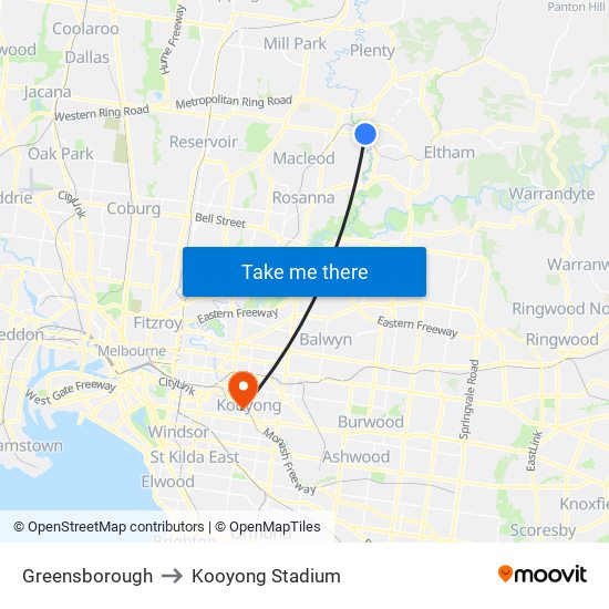 Greensborough to Kooyong Stadium map