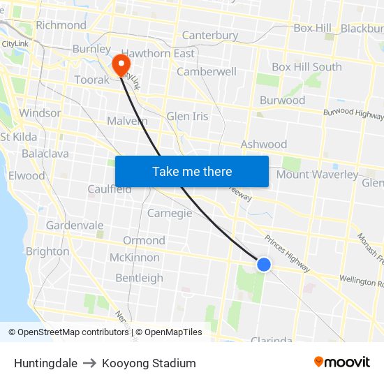 Huntingdale to Kooyong Stadium map