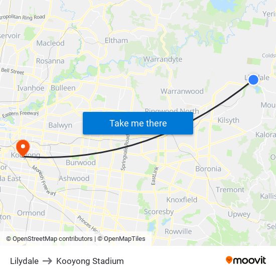 Lilydale to Kooyong Stadium map