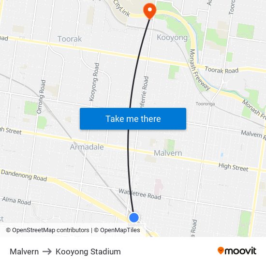 Malvern to Kooyong Stadium map