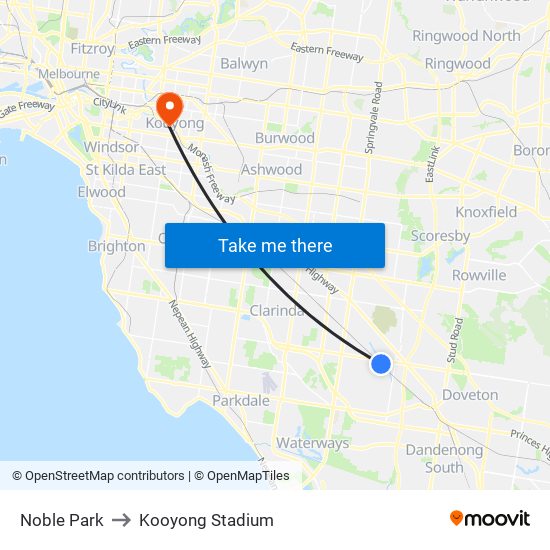 Noble Park to Kooyong Stadium map