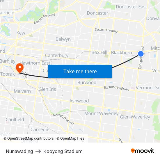 Nunawading to Kooyong Stadium map