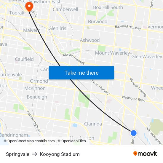 Springvale to Kooyong Stadium map