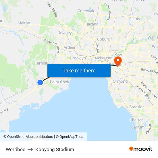 Werribee to Kooyong Stadium map