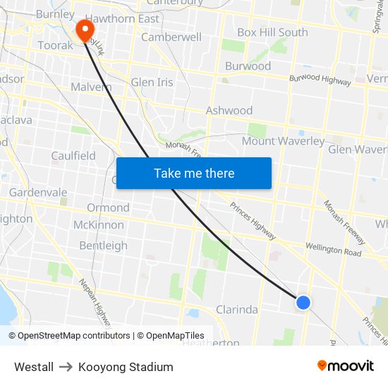 Westall to Kooyong Stadium map