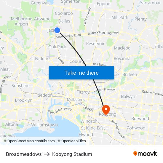 Broadmeadows to Kooyong Stadium map