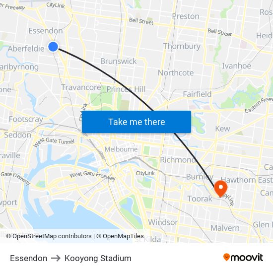 Essendon to Kooyong Stadium map