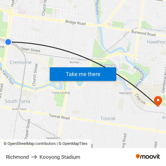 Richmond to Kooyong Stadium map