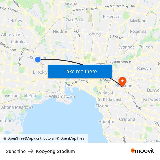 Sunshine to Kooyong Stadium map