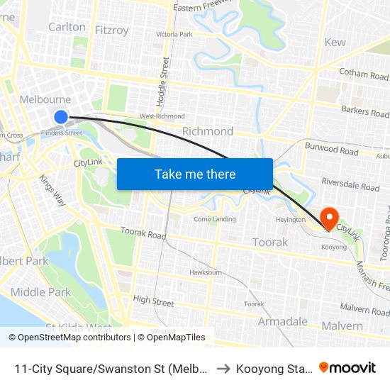 11-City Square/Swanston St (Melbourne City) to Kooyong Stadium map