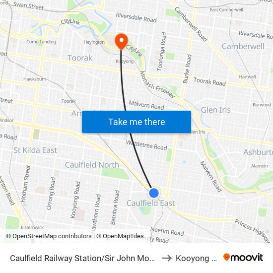 Caulfield Railway Station/Sir John Monash Dr (Caulfield East) to Kooyong Stadium map