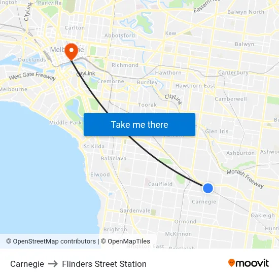 Carnegie to Flinders Street Station map