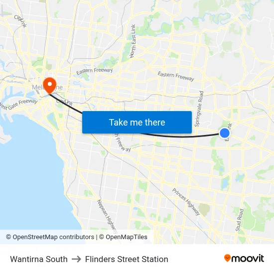 Wantirna South to Flinders Street Station map
