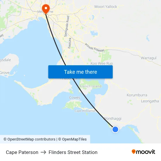 Cape Paterson to Flinders Street Station map