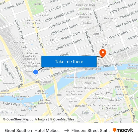 Great Southern Hotel Melbourne to Flinders Street Station map