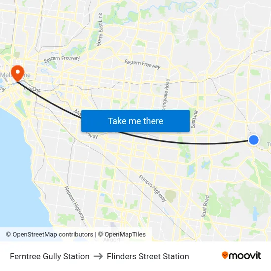 Ferntree Gully Station to Flinders Street Station map