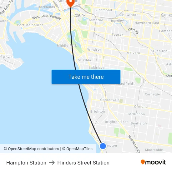 Hampton Station to Flinders Street Station map