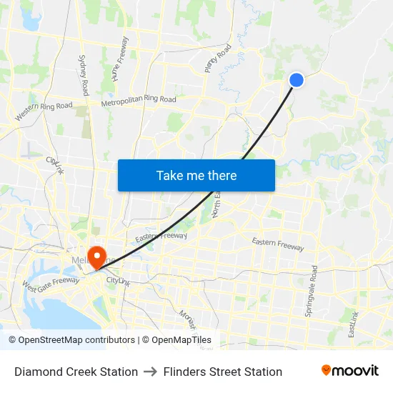 Diamond Creek Station to Flinders Street Station map