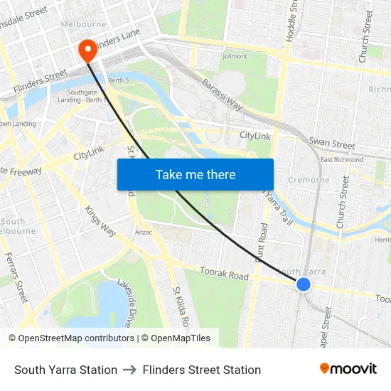 South Yarra Station to Flinders Street Station map