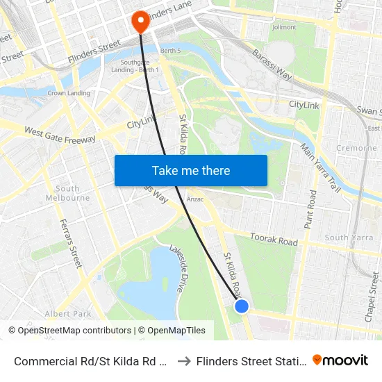 Commercial Rd/St Kilda Rd #25 to Flinders Street Station map
