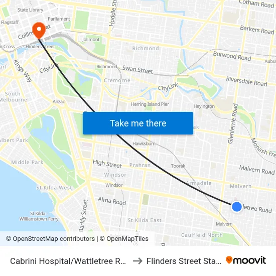 Cabrini Hospital/Wattletree Rd #47 to Flinders Street Station map