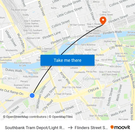 Southbank Tram Depot/Light Rail #125a to Flinders Street Station map