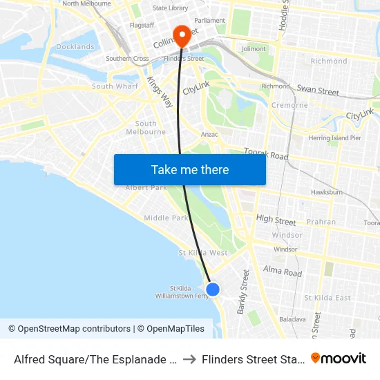 Alfred Square/The Esplanade #136 to Flinders Street Station map
