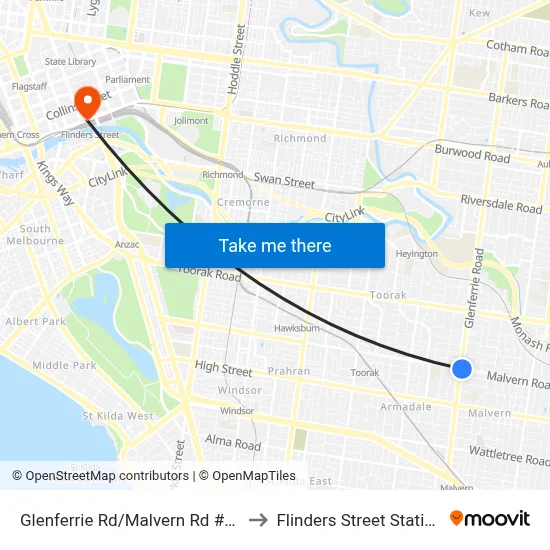 Glenferrie Rd/Malvern Rd #43 to Flinders Street Station map