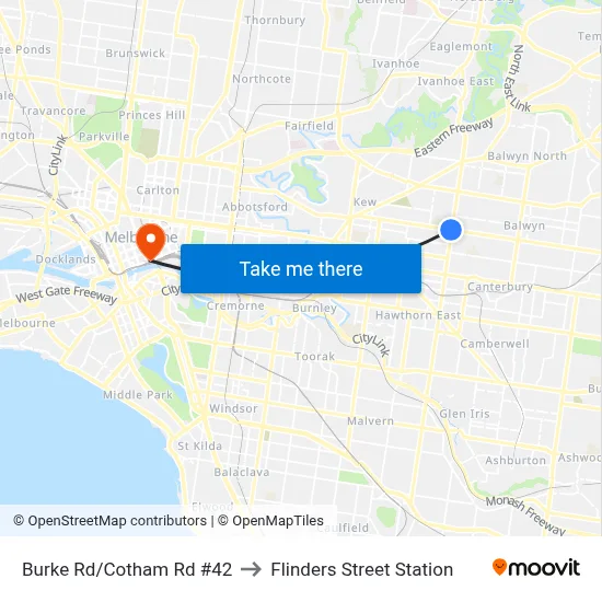 Burke Rd/Cotham Rd #42 to Flinders Street Station map