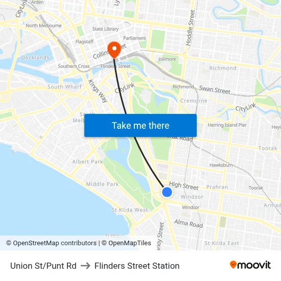 Union St/Punt Rd to Flinders Street Station map