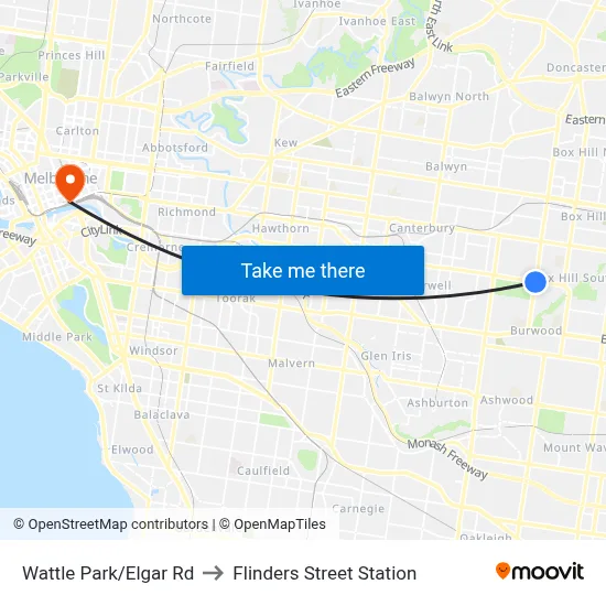 Wattle Park/Elgar Rd to Flinders Street Station map