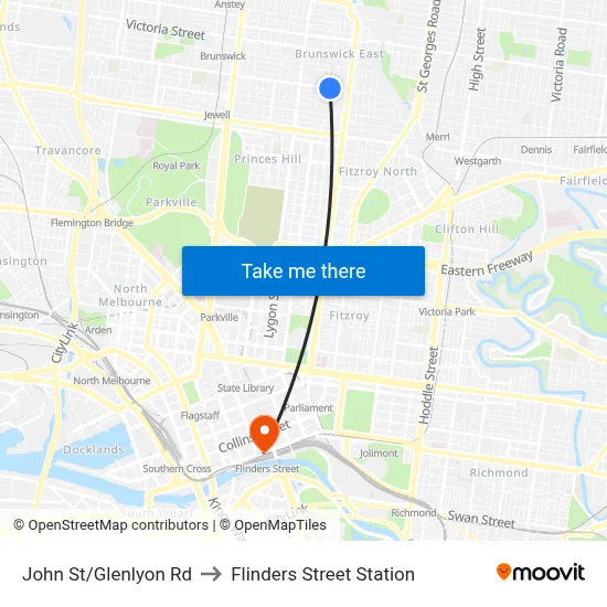 John St/Glenlyon Rd to Flinders Street Station map