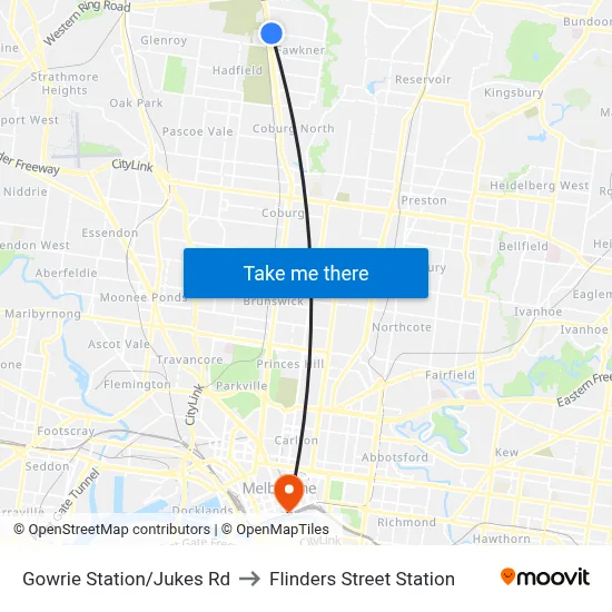 Gowrie Station/Jukes Rd to Flinders Street Station map