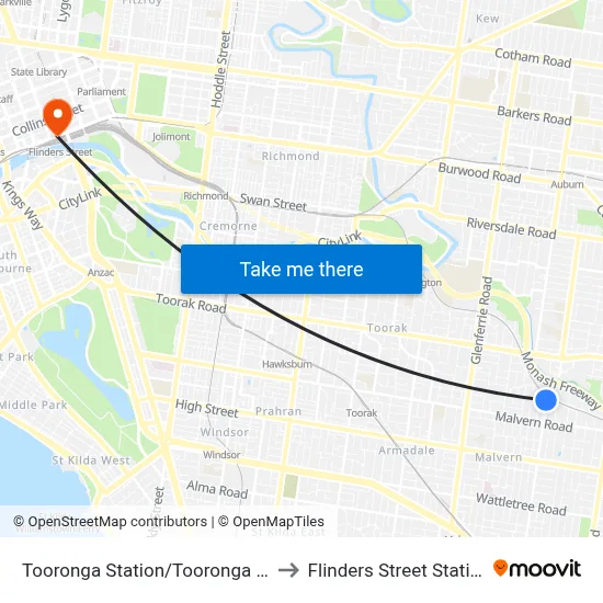 Tooronga Station/Tooronga Rd to Flinders Street Station map